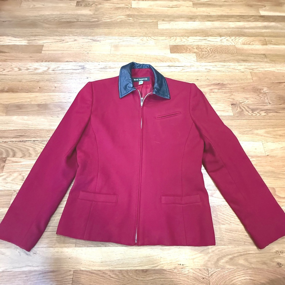 New Frontier Vintage Red 100% Wool Zip Jacket Black Leather Collar USA Made M